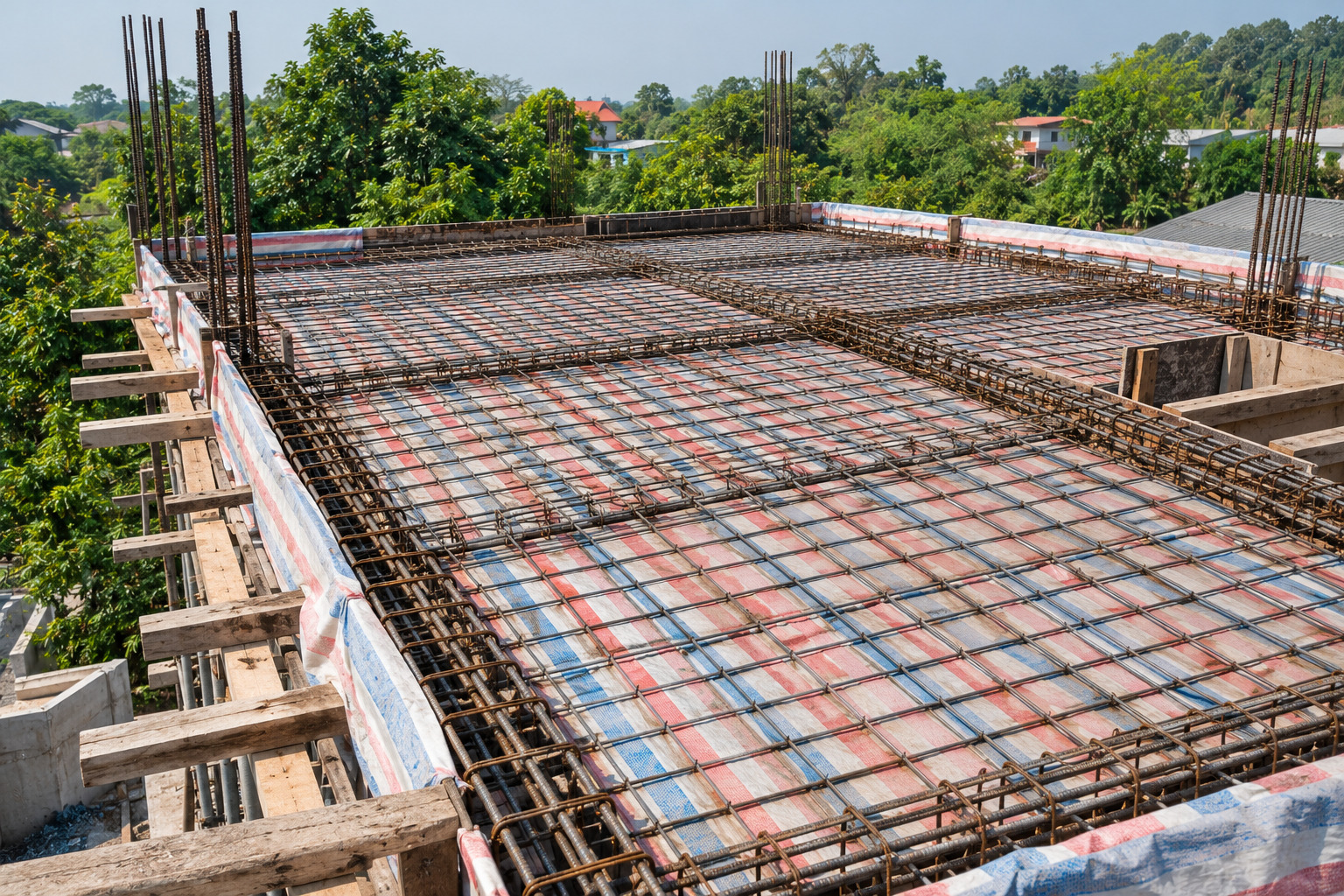 Sàn mái nhà dân đã đan xong cốt thép và sẵn sàng đổ bê tông