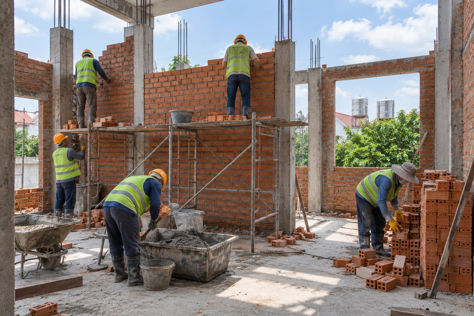 Thợ xây tường gạch ống màu đỏ cam trong công trình nhà ở đang thi công phần thô