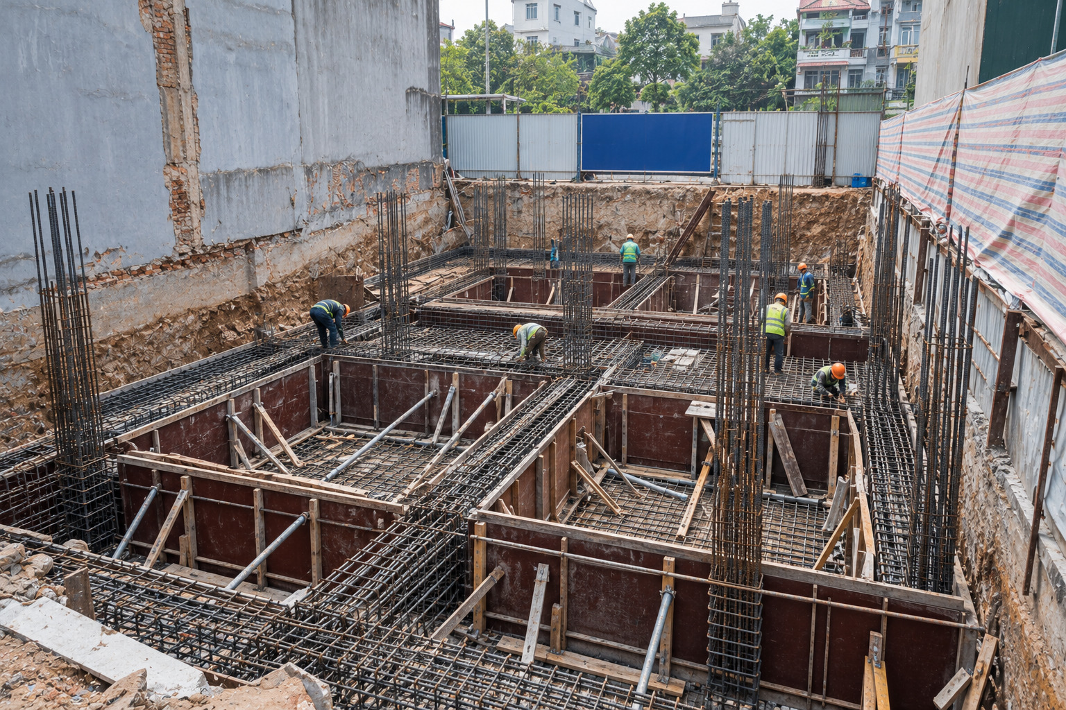 Thợ xây tường gạch ống trong nhà phố hẹp với giàn giáo và dầm thép ngang