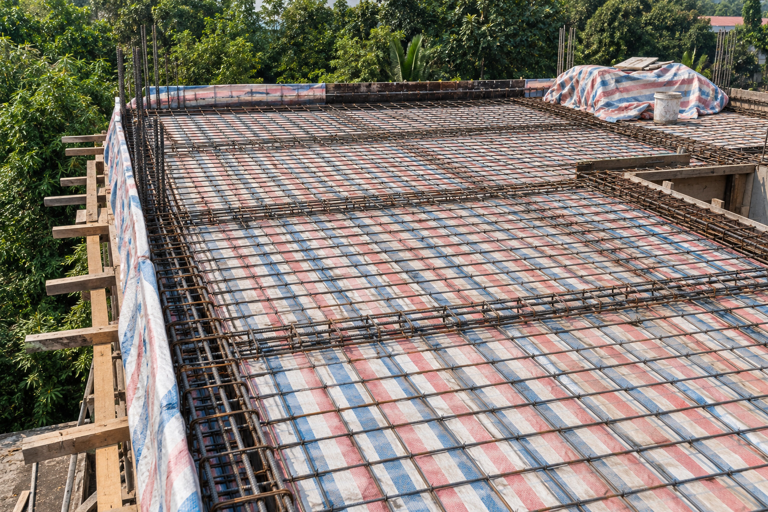 Sàn mái đã đan thép được trải bạt sọc phía dưới, nhìn xéo từ trên cao